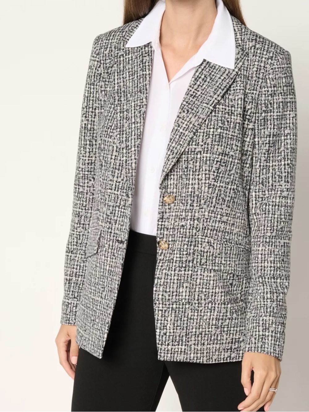 Dennis Basso Petite Plus Luxe Crepe Button Blazer Texture Black/Gray/White 2XP